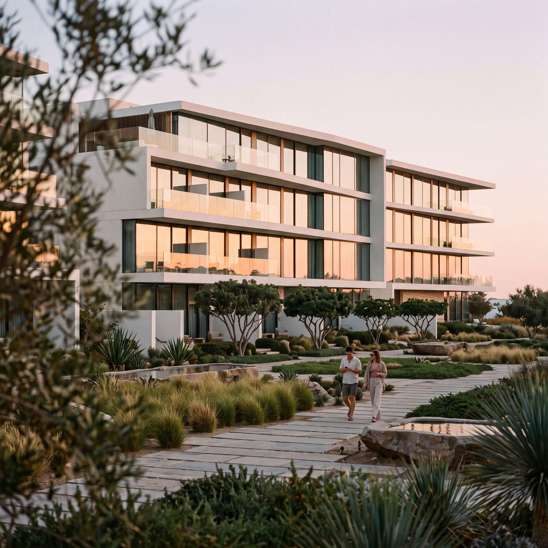 Fachada de un hotel boutique al atardecer