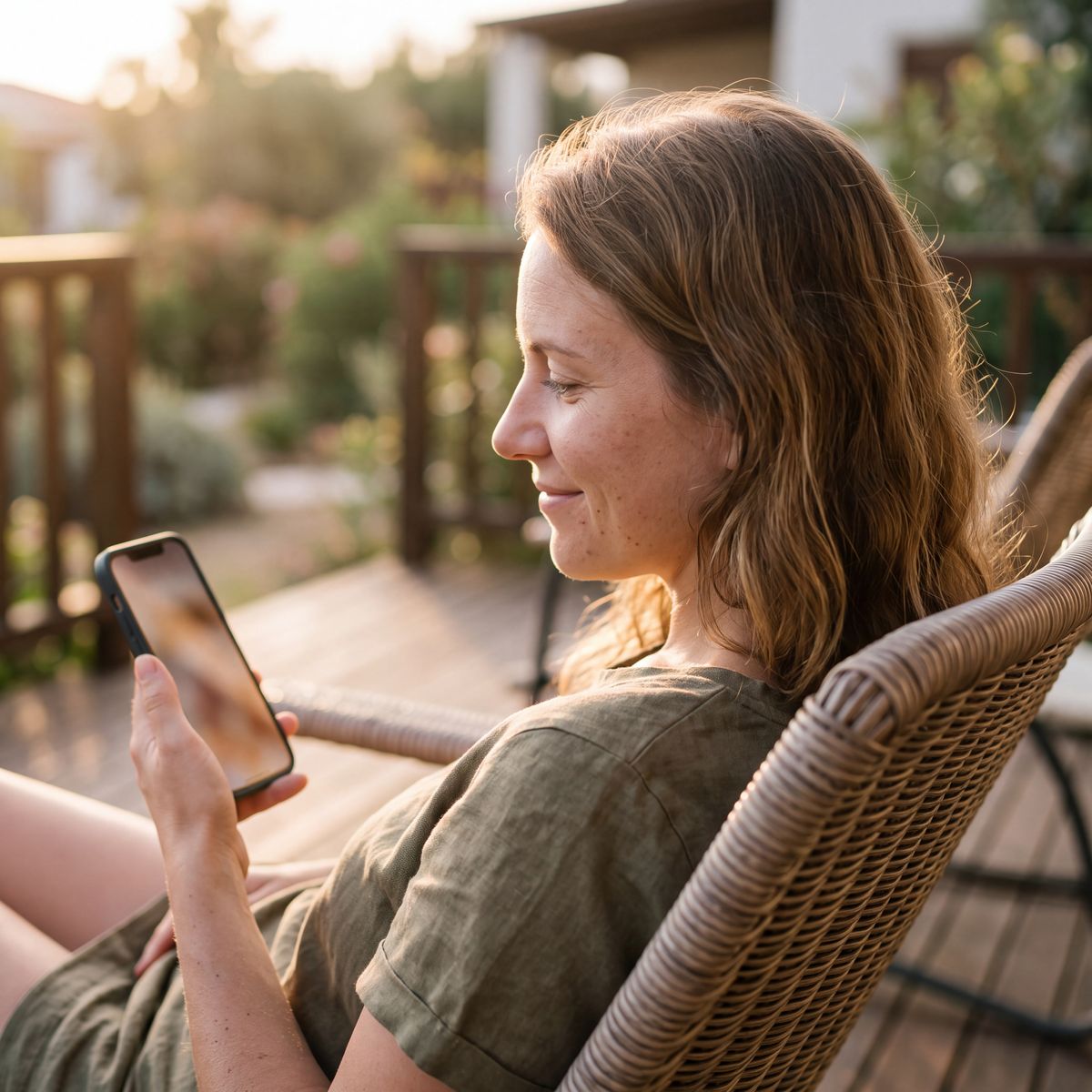 Huésped hablando por teléfono en una terraza